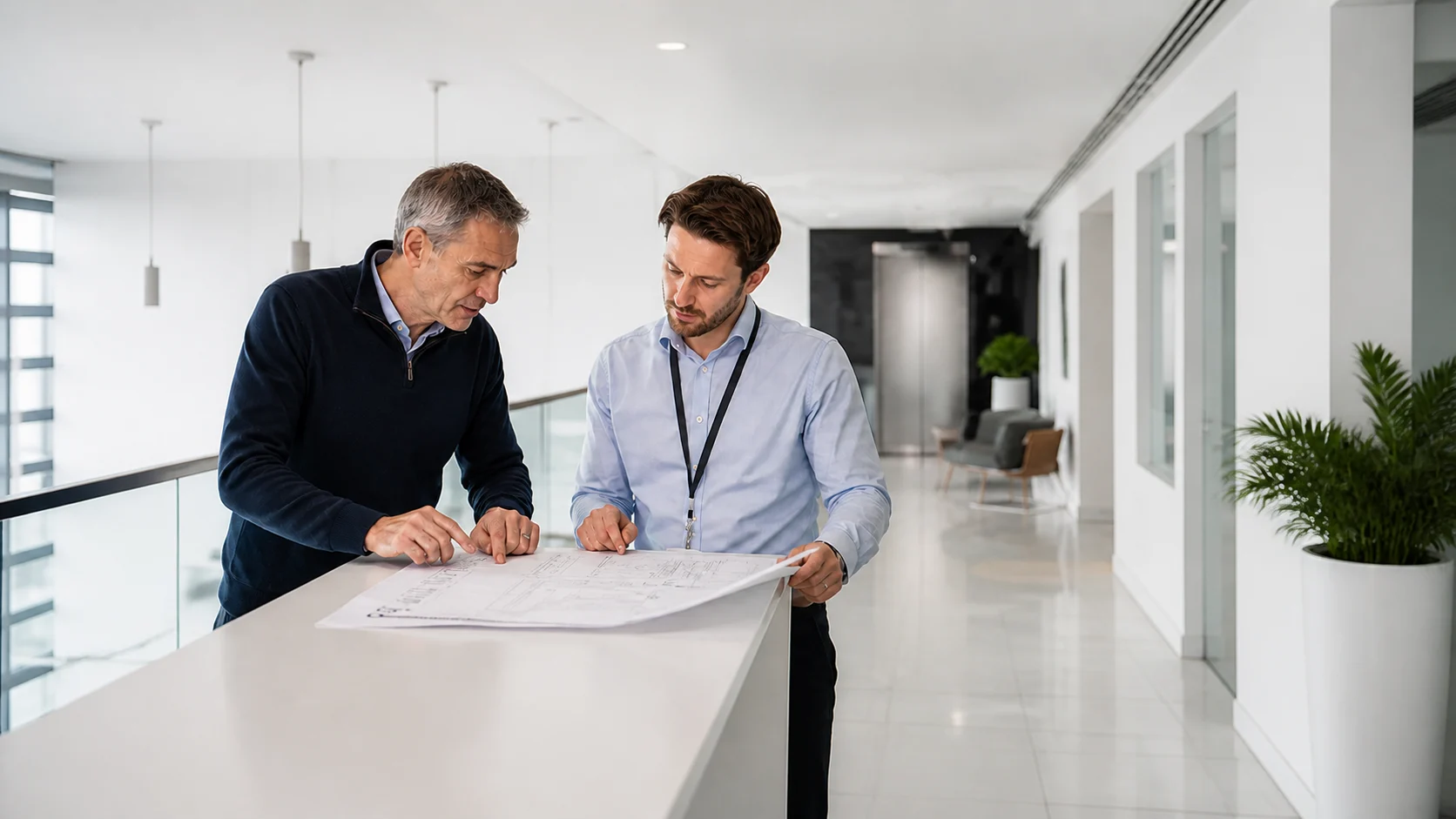 Two fire and security professionals reviewing building plans