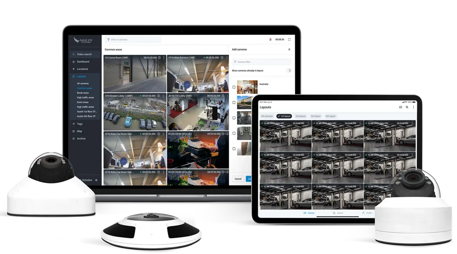 Eagle Eye Cloud VMS displayed across desktop and tablet devices with connected surveillance cameras