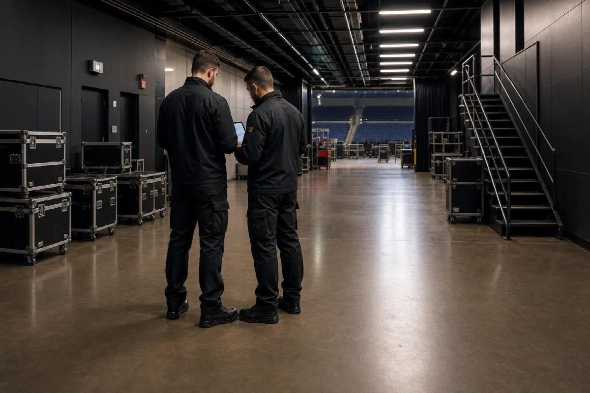 Two engineers coordinating a controlled maintenance window backstage at an arena
