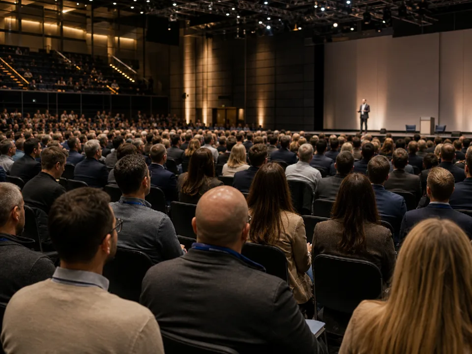 Delegates attending a conference inside a large venue
