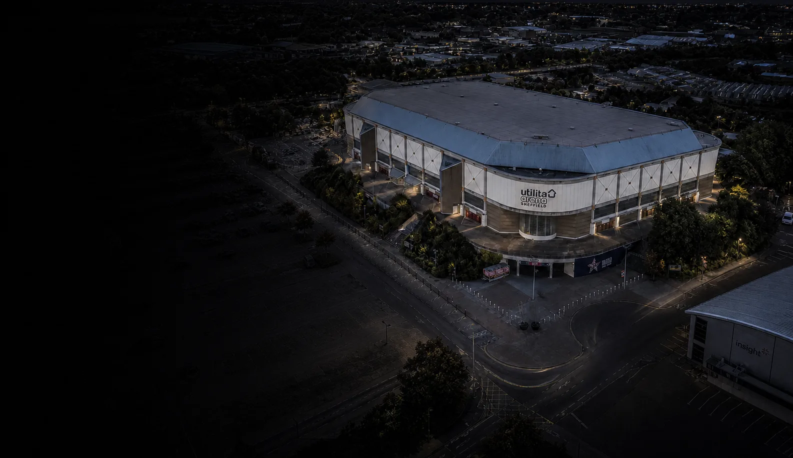 Aerial view of Utilita Arena Sheffield showing connected layers of venue security — fire detection, access control, CCTV and perimeter protection