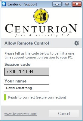 Centurion QuickSupport application showing where to find the session code